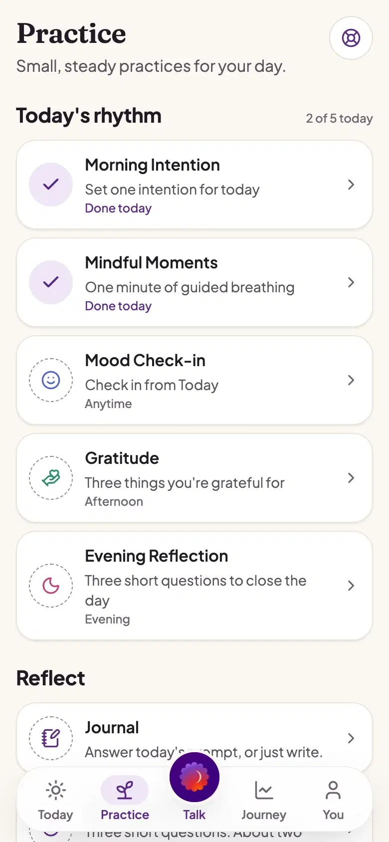 Practice screen: the five daily practices, two of them done today