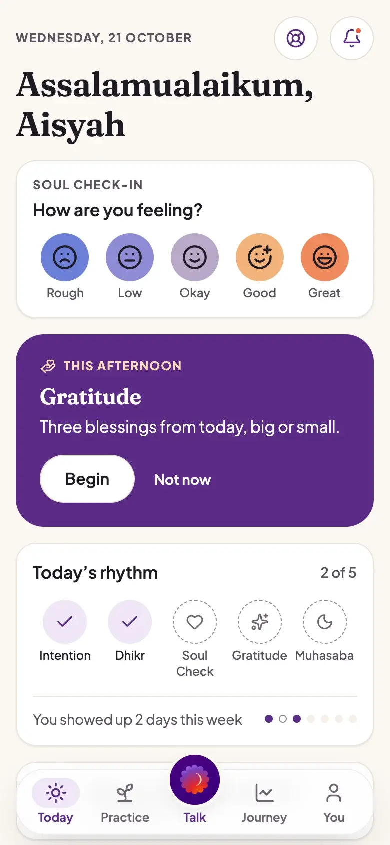 Today screen in the Islamic layer: Assalamualaikum, Aisyah; Soul check-in; Dhikr, Soul Check, Muhasaba